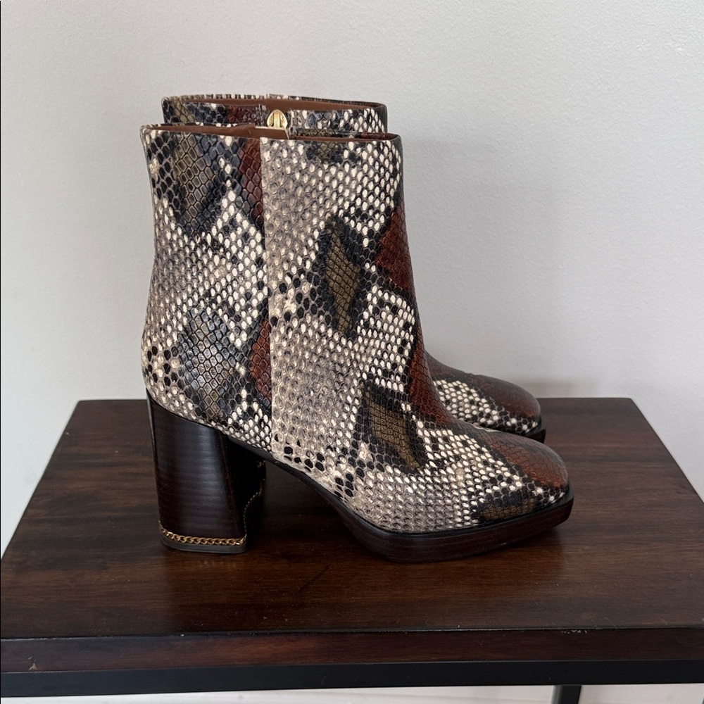 Tory Burch Snake-Print Block Heel Booties - Brown & White